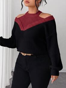 SHEIN Elenzya 女款假兩件式露肩拼色時尚套頭毛衣 - 黑色 - 查看 5