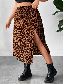 SHEIN PETITE CURVE 大尺碼女款豹紋彈性腰開衩裙 派對穿搭 節慶服飾 - 彩色 - 查看 3