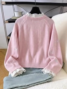 SHEIN كنزة صوفية كاجوال للبنات الصغيرات مع ياقة مزينة بالدانتيل ونقشة قلب لفصل الخريف/الشتاء - متعدد الألوان - مشاهدة 2