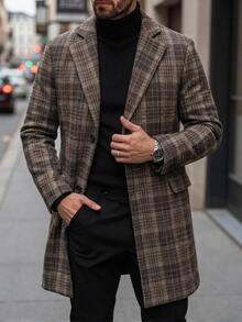 Manfinity Bizformal 男士格紋缺口領單排扣長版大衣，秋季商務休閒辦公長外套，冬季男士時尚開襟外套 - 彩色 - 查看 1