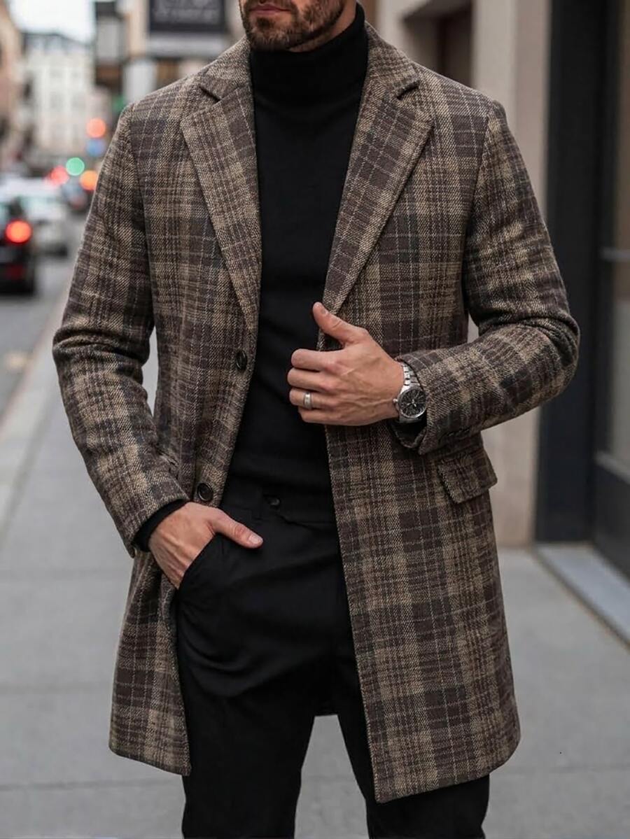 Manfinity Bizformal 男士格紋缺口領單排扣長版大衣,秋季商務休閒辦公長外套,冬季男士時尚開襟外套 - 彩色 - 查看 1