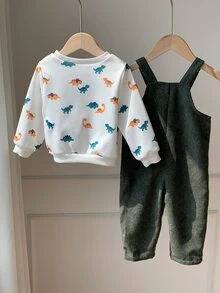 SHEIN 2件組 嬰兒男孩/女孩 秋冬卡通恐龍圖案 針織柔軟圓領長袖套頭衛衣與吊帶長褲套裝 - 彩色 - 查看 2