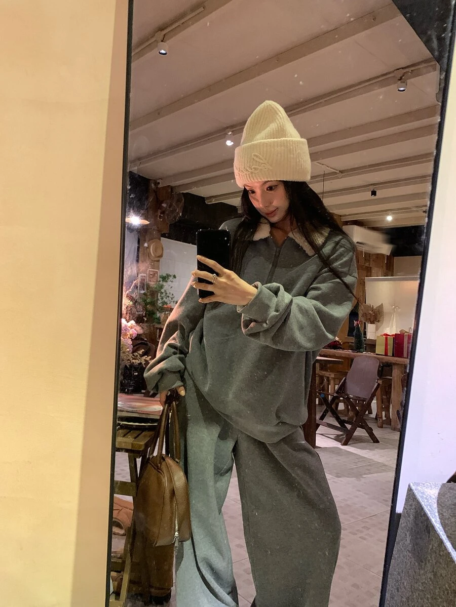 DAZY 女款韓式休閒長袖衛衣與寬鬆長褲兩件套 - 藍色 - 查看 1