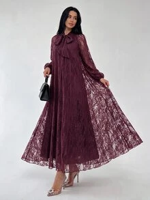 Yasveil Women's Wine Red Knitted Lace Long Sleeve Cinched Waist A-Line Elegant Romantic Arabian Dress - Burgundy - View 6