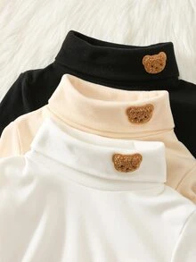 SHEIN 3件組兒童小男孩秋冬休閒卡通熊貼布圓領長袖套頭T恤上衣套裝，基礎多件裝男童上衣 - 彩色 - 查看 3