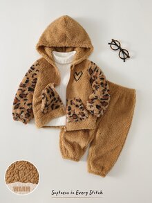 SHEIN Set Baju Bayi Perempuan Motif Leopard: Hoodie dan Celana Olahraga dengan Resleting - MultiWarna - View 4