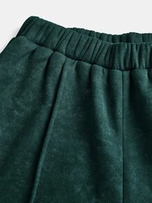 SHEIN Tween女孩秋冬休閒街頭風雪花印花寬鬆圓領長袖套頭衛衣與百褶寬腿運動褲套裝，2件套，咖啡棕色 - 綠色 - 查看 5
