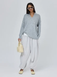 MUSERA Deep V Contrast Ribbed Hem Knitted Oversized Loose Fit Jumper Fall Autumn Winter Coolgirl Back To School Blancs - Grey - View 3