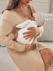 Slowluna Maternity Solid Color Nursing Dress - Khaki - View 8