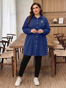 Lacomfia 大尺碼純色長袖紋理布料休閒通勤刺繡小馬長版襯衫 - 藏蓝色 - 查看 5