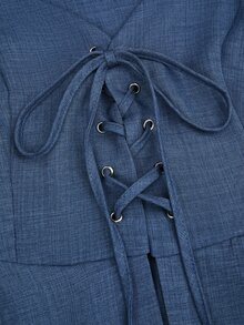 Linhara CURVE Plus Size Women's Two-Tone Faux Linen Comfortable Sleeveless Eyelet Tie Bow Ruffle Trim Open Front Elegant Design Long Sleeve Blouse Blazer Jacket - Blue - View 3