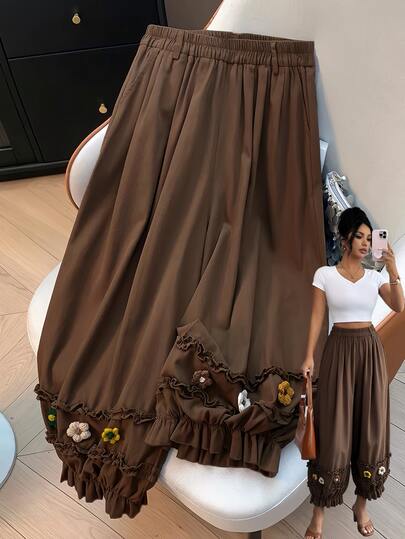 GlowEve CURVE Women's Plus Size Floral Ruched Brown Fashion Pants