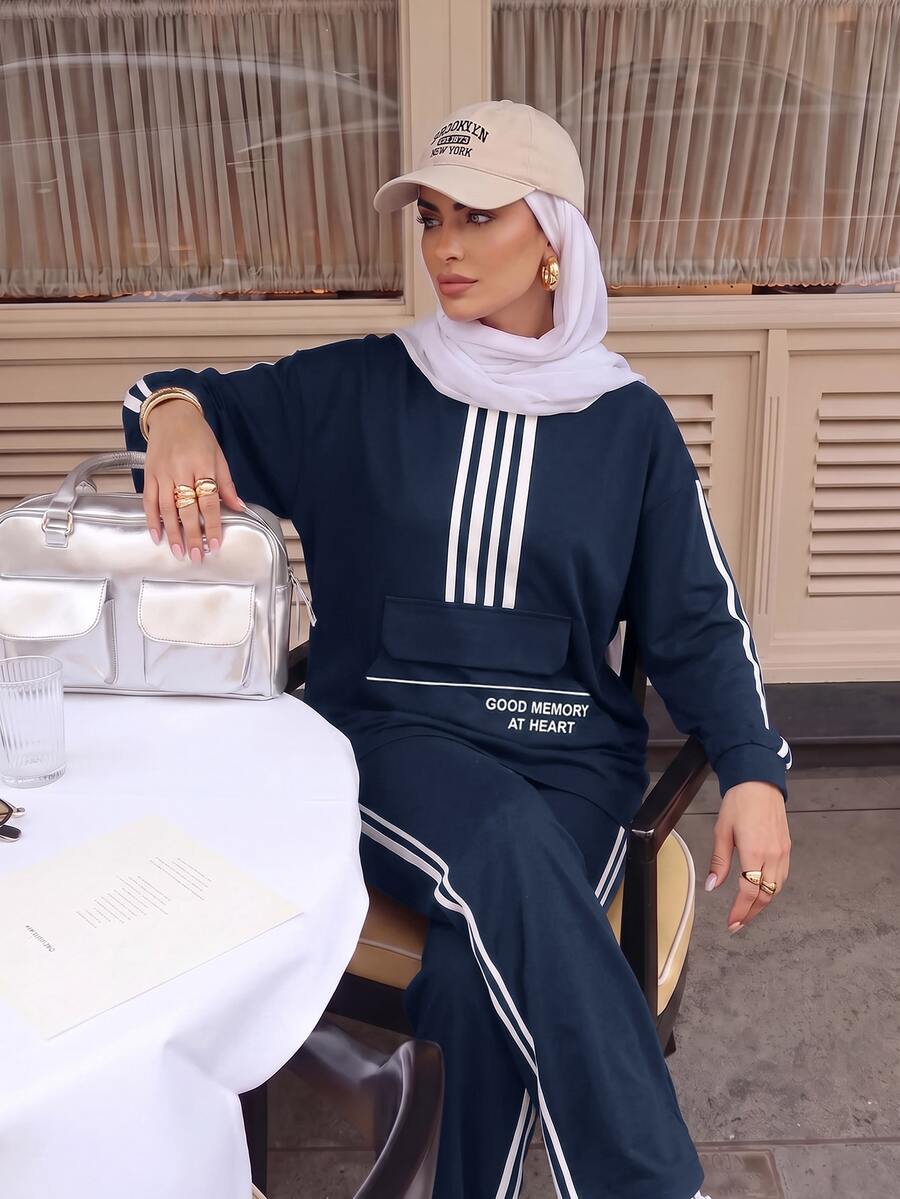 Solavon Women's Colorblock Long Sleeve Top And Pants Casual Daily 2 Pieces Set - Navy Blue - View 1