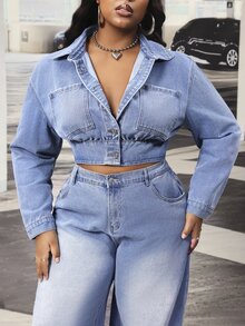 Slaydiva Plus Size Women's Outdoor All-Season Short Blue Denim Top - Medium Wash - View 4