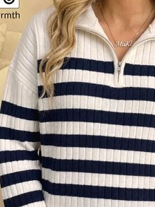 青少年女孩秋冬半高領翻領前拉鍊條紋杏色與黑色百搭學院風返校針織套頭毛衣，適合學校與外出穿著 - 彩色 - 查看 5