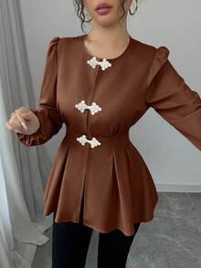 Fine & Folde Women's Round Neck Pleated Casual Versatile Daily Wear Blouse - Coffee Brown - View 6