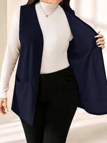 SHEIN PETITE CURVE 大尺碼純色無袖寬鬆口袋簡約休閒外套，春夏穿著，秋冬度假適用 - 藏蓝色 - 查看 7