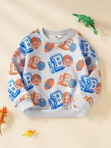 Blippi X SHEIN بلوزة رياضية كاجوال بأكمام طويلة وياقة دائرية مطبوعة بحروف للأولاد الصغار - رمادي - مشاهدة 1