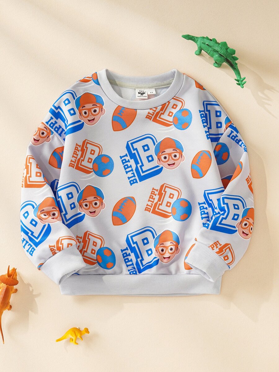 Blippi X SHEIN بلوزة رياضية كاجوال بأكمام طويلة وياقة دائرية مطبوعة بحروف للأولاد الصغار - رمادي - مشاهدة 1