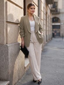 Chikora Blazer Kasual Wanita Ukuran Besar dengan Kerah Syal Bergaris untuk Perjalanan Sehari-hari - Khaki - View 5
