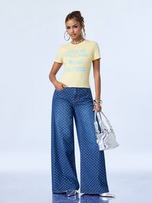 Y2Kool Women's Cream Yellow Letter Contrast Print Design Sweet Cool Casual Style Short Fitted T-Shirt, Suitable For Daily Commute, Shopping, Dating, Travel And Vacation Outfits - Yellow - View 6