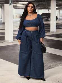 Slaydiva Plus Size Women's Non-Stretch Striped Wide Leg Loose Casual Versatile Denim Jeans - Dark Wash - View 3