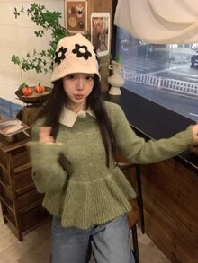 DAZY Women's Turn-Down Collar Long Sleeve Solid Color Sweater, Autumn/Winter - Mist Green - View 6