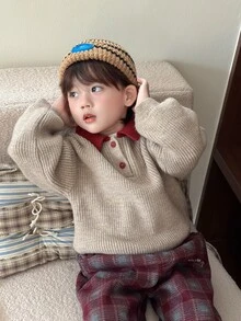 DAZY Infant (Boy) Contrast Color Turn Collar Long Sleeve Autumn/Winter Sweater - Apricot - View 3