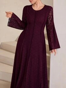 Graceveil Deep Purple Lace Waist-Cinching Round Neck Bell Sleeve Middle Eastern Muslim Arabian Dress - Red Violet - View 1
