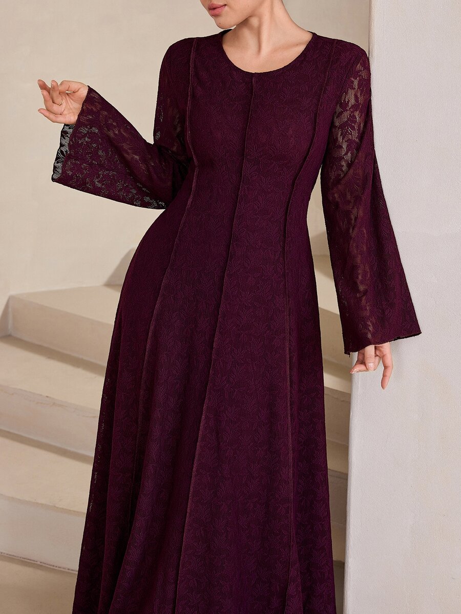 Graceveil Deep Purple Lace Waist-Cinching Round Neck Bell Sleeve Middle Eastern Muslim Arabian Dress - Red Violet - View 1