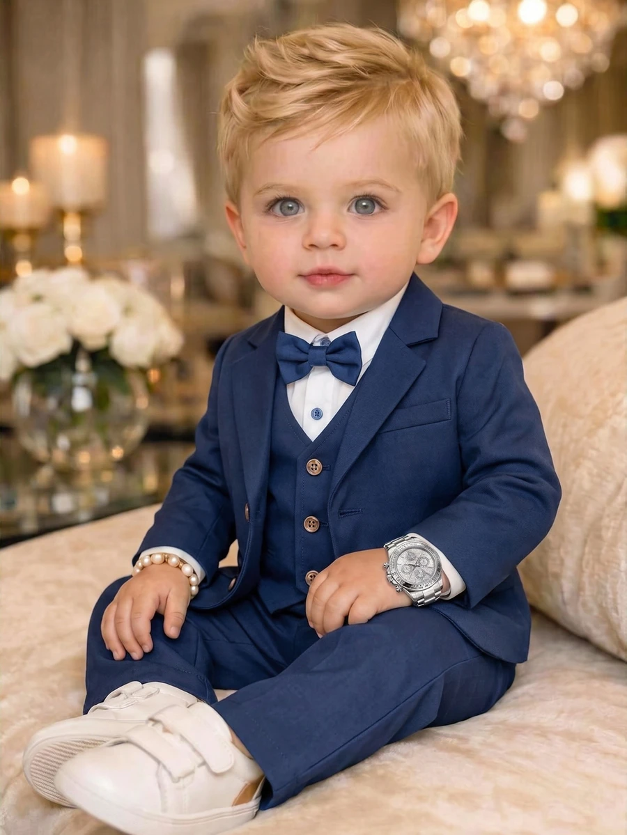 SHEIN Baby Boy Lapel Neck Single-Breasted Jacket, 2 In 1 Shirt And Long Pants, 3-Piece Set, Collegiate Style - Navy Blue - View 1
