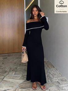 Siren Gaze Fall Cotton Black Dress Women's Floral Bud Trim Off-Shoulder Long Sleeve Elegant Dress Party Office Halloween Winter Holiday Y2k Going Out A-Line Work - Black - View 8