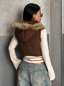 EgrlEra Maillard Style Boston Towel Embroidery Fur Collar Hooded Short Vest Retro Contrast Color Striped Hem Sleeveless Jacket - Brown - View 2