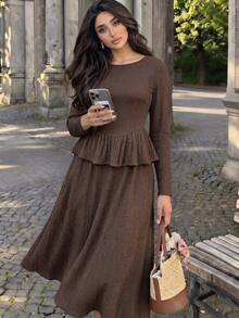 Modelyn 2pcs/Set Textured Elastic Knit Plus Size Women Elegant Long Sleeve Top And A-Line Elastic Waist Skirt, Suitable For Autumn/Winter Date And Casual Occasions - Brown - View 5