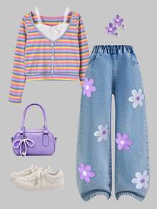 SHEIN 2Pcs Tween Girls Cute Patchwork V-Neck Long Sleeve T-Shirt & Embroidered Denim Pants Set, Autumn - Multicolor - View 1