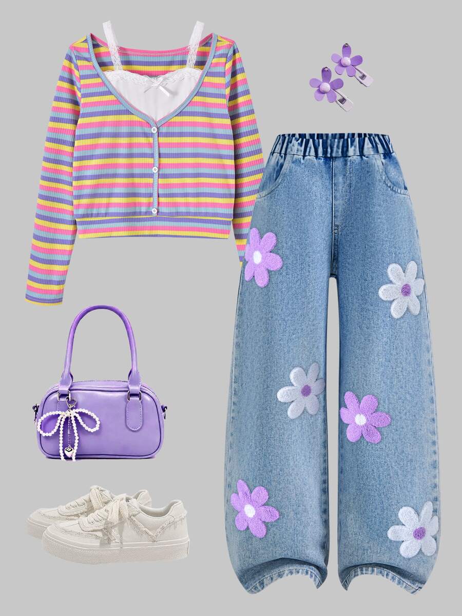 SHEIN 2Pcs Tween Girls Cute Patchwork V-Neck Long Sleeve T-Shirt & Embroidered Denim Pants Set, Autumn - Multicolor - View 1