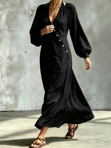 SHEIN Gaun Lengan Panjang Musim Gugur/Dingin Terbaru - Hitam - View 4