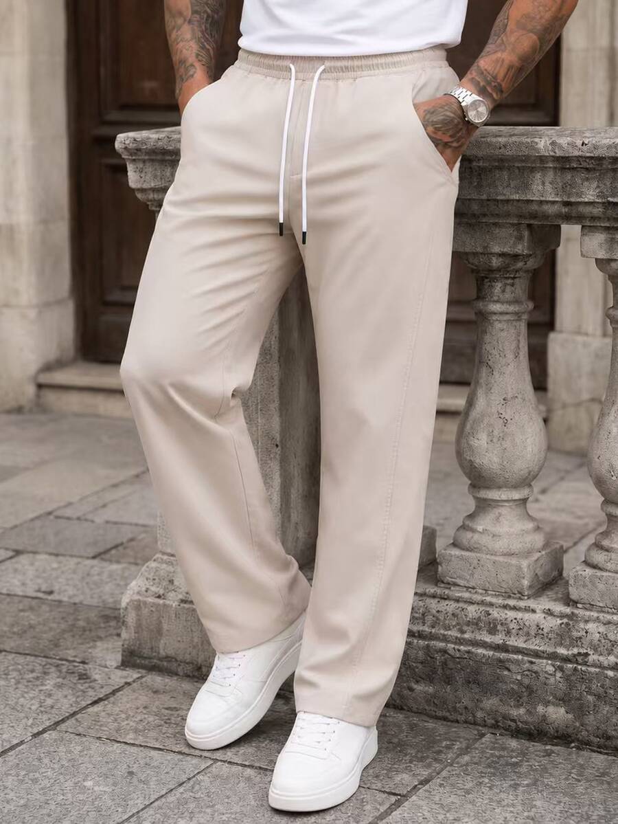 Manfinity CasualCool 男士休閒直筒長褲,淺灰色抽繩腰頭,寬鬆版型,適合聚會、輕量戶外與日常穿著 - 淺灰色 - 查看 1
