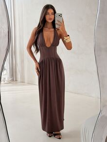 Aloruh Coffee Brown Party Ball Halter Neck Tie Deep V-Neck Boning Seam Waist Cinched Ruched Extra Long Dress For Women - Coffee Brown - View 1