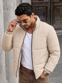 Manfinity CasualCool 男士立領拉鍊冬季加厚棉襖，適合戶外休閒穿著 - 卡其色 - 查看 3