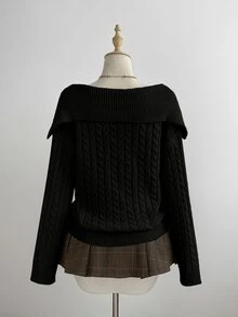 Elamini Women's White Casual Versatile Commute Daily Wear Classic Cable Knit Half-Open Front Pullover Sweater, Autumn/Winter - Black - View 2