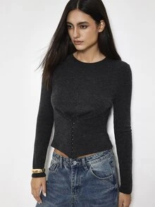 Maija Women's Fashion Street Front Button Long Sleeve T-Shirt - Black - View 4