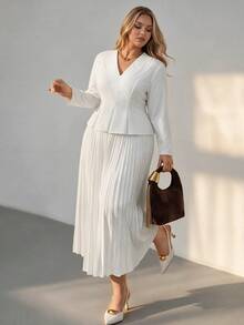 Auralis Plus Size Elegant V-Neck Long Sleeve Blouse And Pleated Midi Skirt 2 Pieces Set - Apricot - View 1