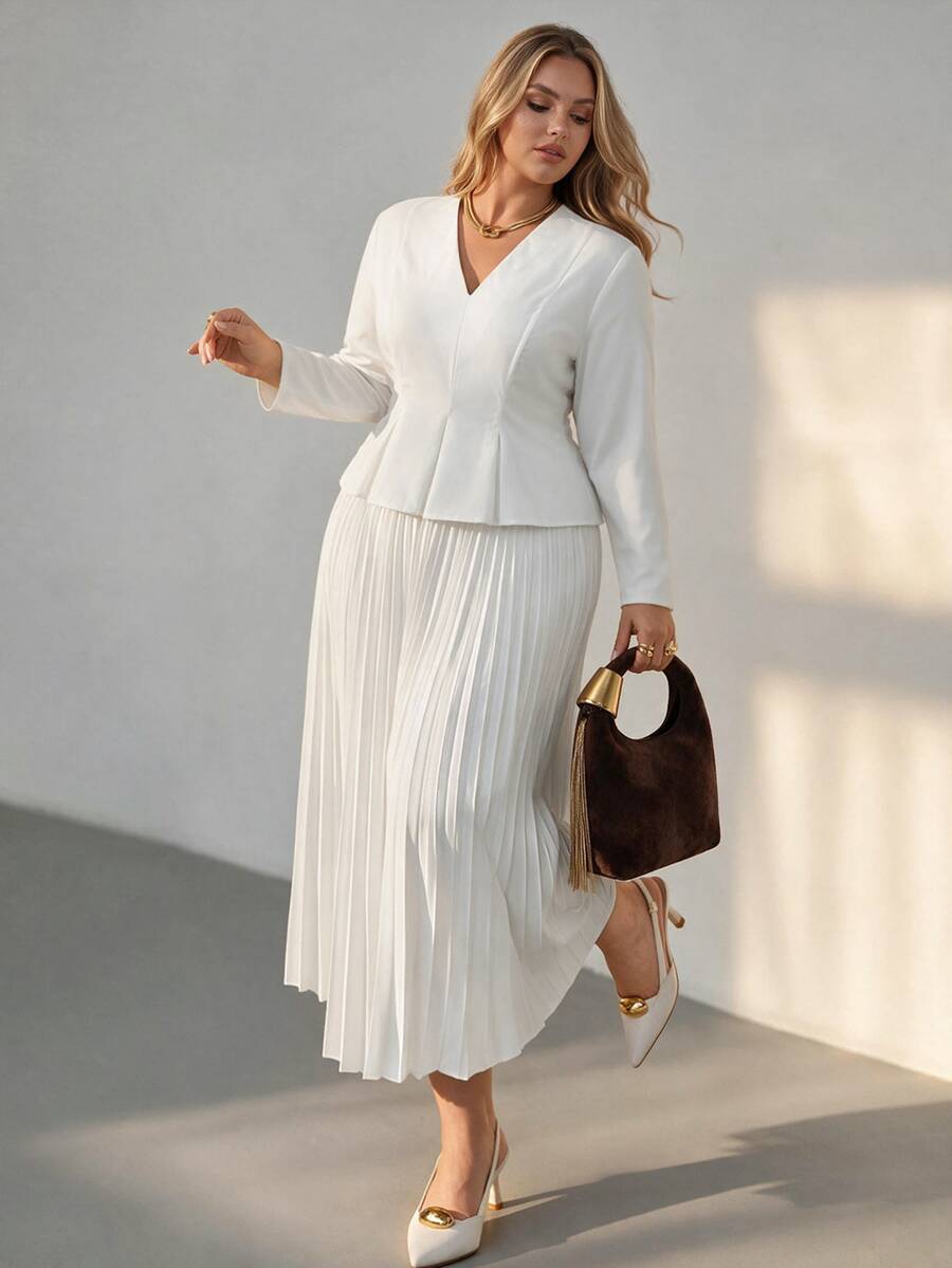 Auralis Plus Size Elegant V-Neck Long Sleeve Blouse And Pleated Midi Skirt 2 Pieces Set - Apricot - View 1