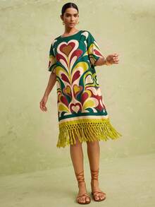 LOTSLUV Women's Spring/Summer Vacation Casual Heart Floral Print Round Neck Loose Short Sleeve Patchwork Tassel Trim Short Dress - Multicolor - View 1