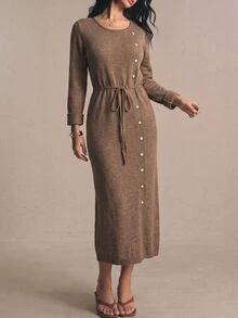 Linhara CURVE Slouchy Cinched Waist Knit Dress, Round Neck Long Sleeve Midi Length Sweater Dress - Brown - View 6
