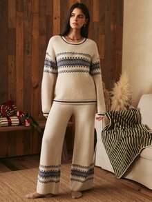 Lullawish Women's Fair Isle Knit Loungewear Set - Khaki - View 3