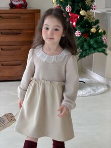 DAZY Baby Girl Round Neck Color Block Ruffle Cute Long Sleeve Dress - Beige - View 5