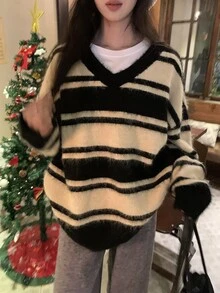 DAZY Women's V-Neck Striped Korean Style Long Sleeve Sweater, Autumn/Winter - Grey - View 11