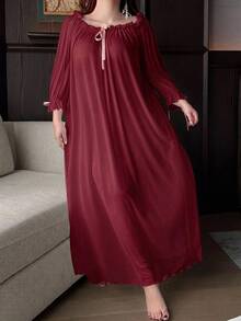 Dazy Plus Sexy White Sheer Mesh Ruffle Ruffle Long Nightgown Plus Size Women Spring Summer Loungewear - Burgundy - View 5